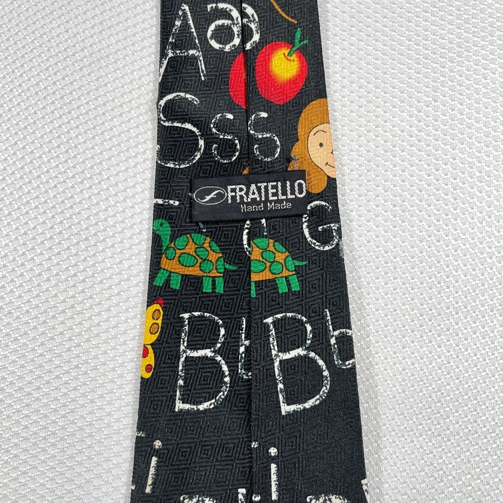 Fratello Silk Mens Alphabet Teacher Novelty Tie Black‎ School Print VTG